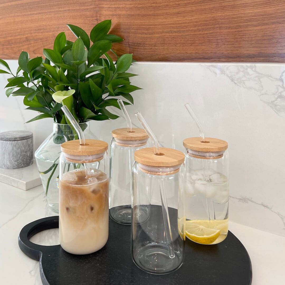 Cira Bamboo Lid Glass Cup Set (4pc)