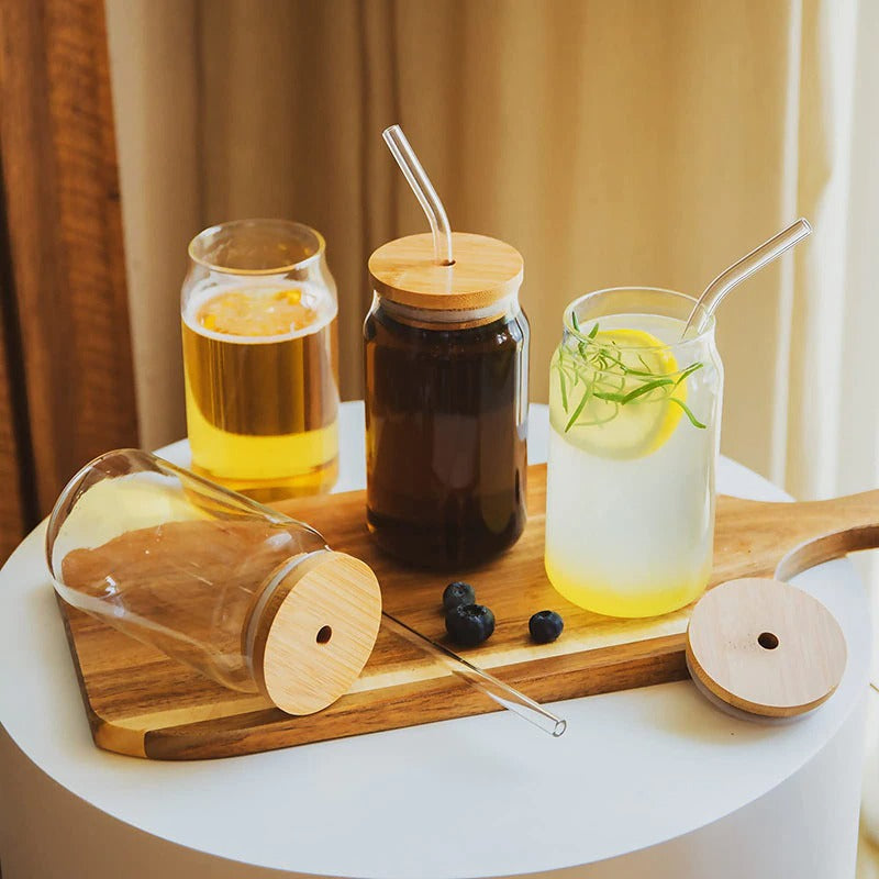 Cira Bamboo Lid Glass Cup Set (4pc)